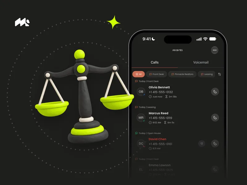 Clay balance scale beside an iPhone showing Mango's call list on a dark charcoal background
