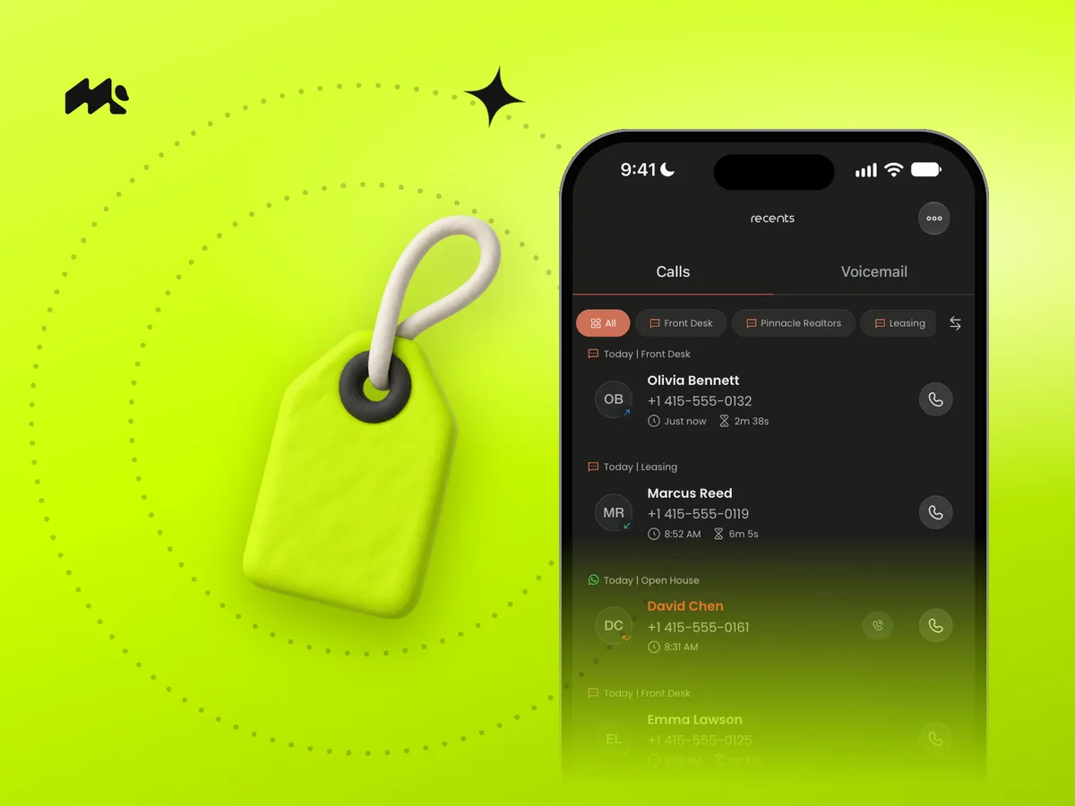 Clay price tag beside an iPhone showing Mango's call list on a lime green background