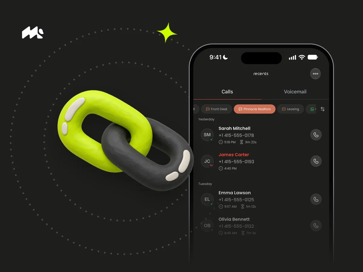 Two interlocking clay chain links beside an iPhone showing Mango's filtered call list on charcoal