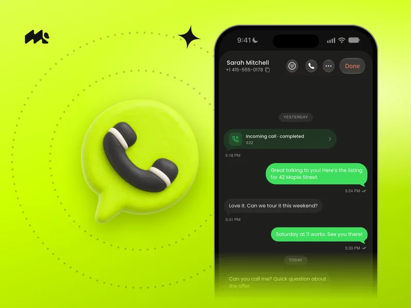 Clay speech bubble with handset beside an iPhone showing a Mango chat thread on lime green