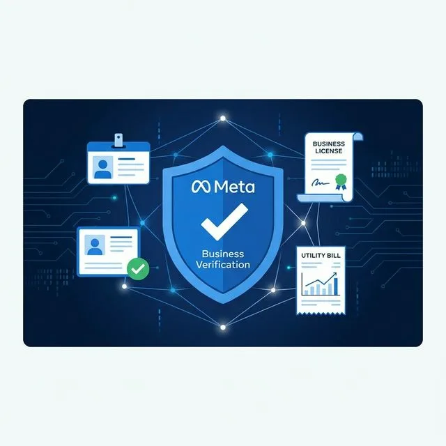 Meta Business Verification badge surrounded by required document types
