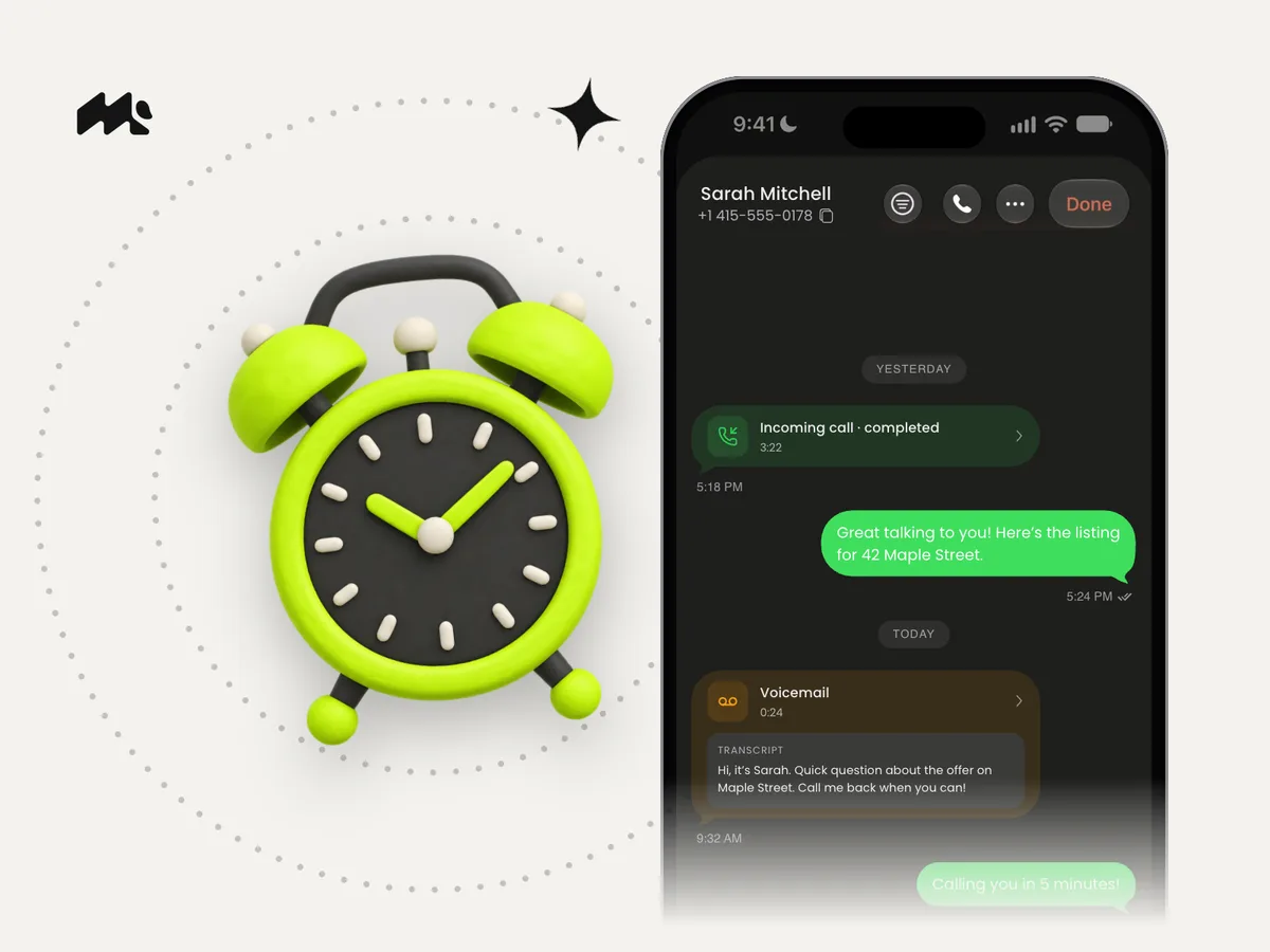 Clay alarm clock beside an iPhone showing a Mango voicemail transcript on a light gray background