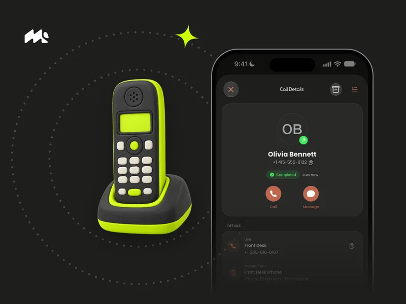 Clay cordless desk phone on its base beside an iPhone showing Mango call details on charcoal