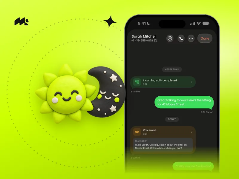 Clay sun and crescent moon beside an iPhone showing a Mango voicemail transcript on lime green