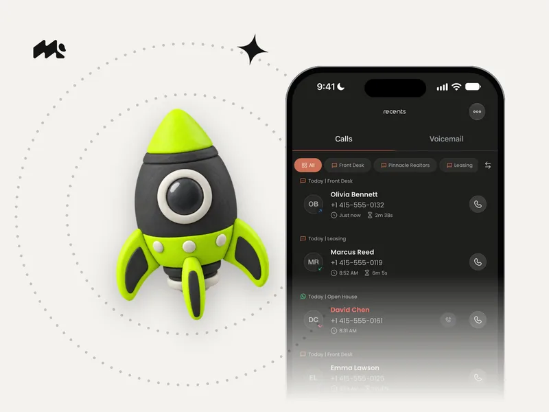 Clay rocket ship beside an iPhone showing Mango's call list on a light gray background