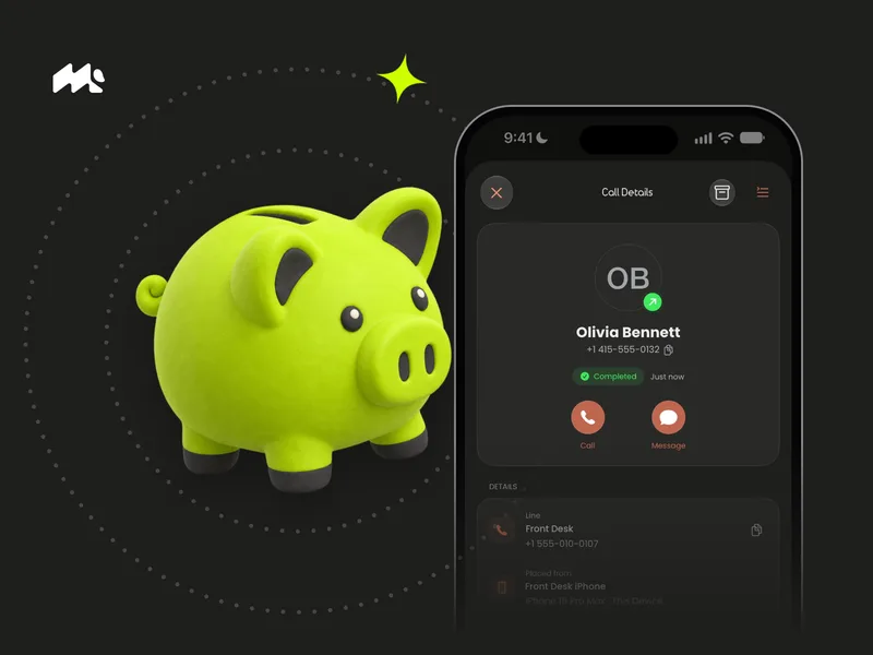 Clay piggy bank beside an iPhone showing Mango call details on a dark charcoal background