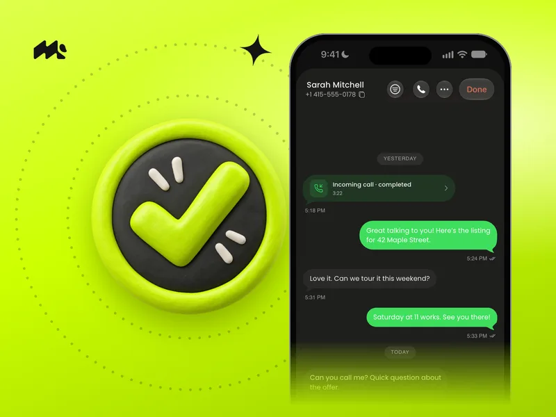 Clay badge with check mark beside an iPhone showing a Mango chat thread on lime green
