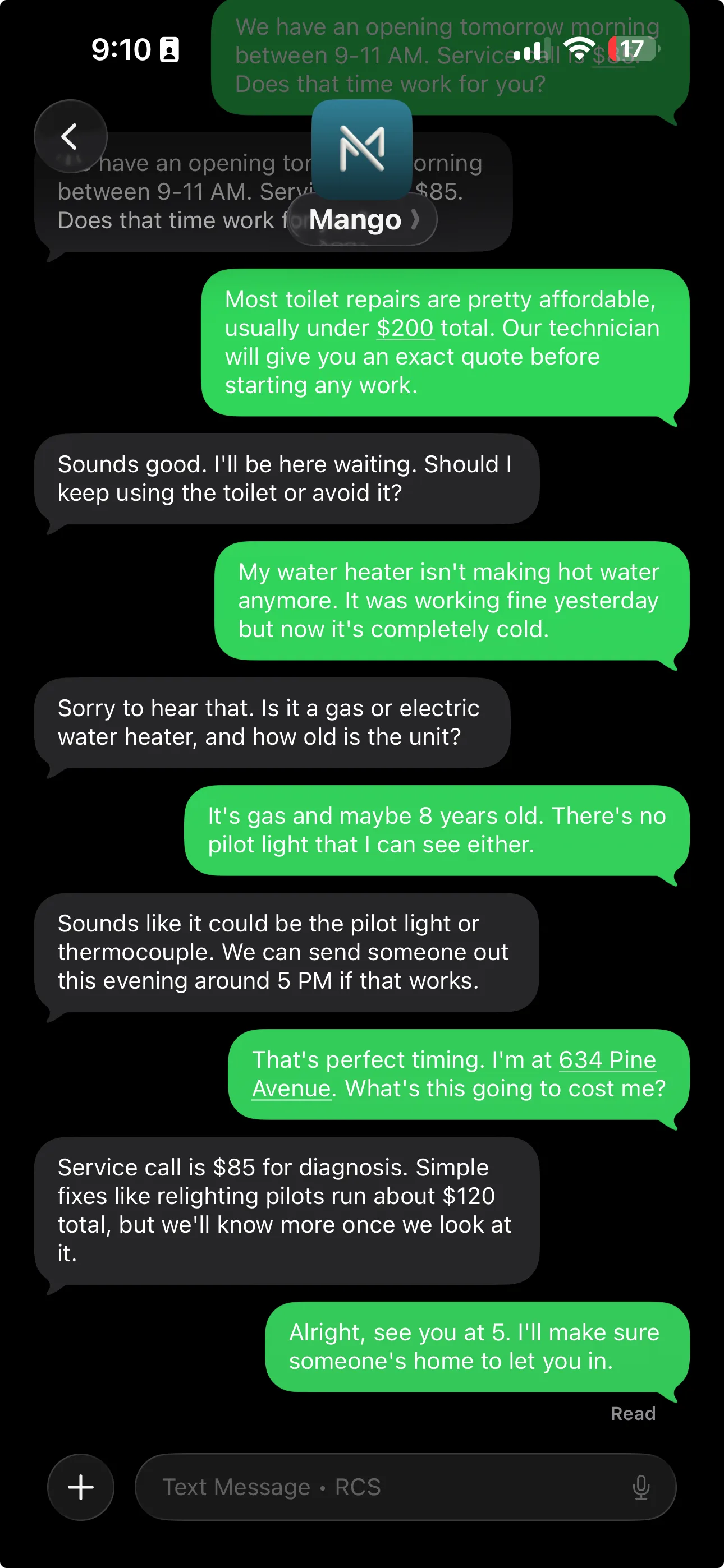 RCS branded conversation showing the Mango business logo and name at the top of a real text message thread