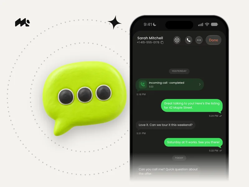 Clay speech bubble with three dots beside an iPhone showing a Mango conversation on light gray