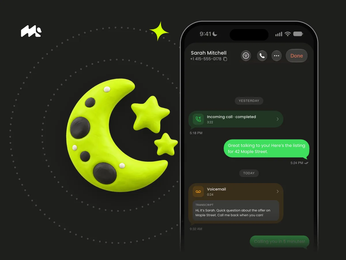 Clay crescent moon with two stars beside an iPhone showing a Mango voicemail transcript on charcoal