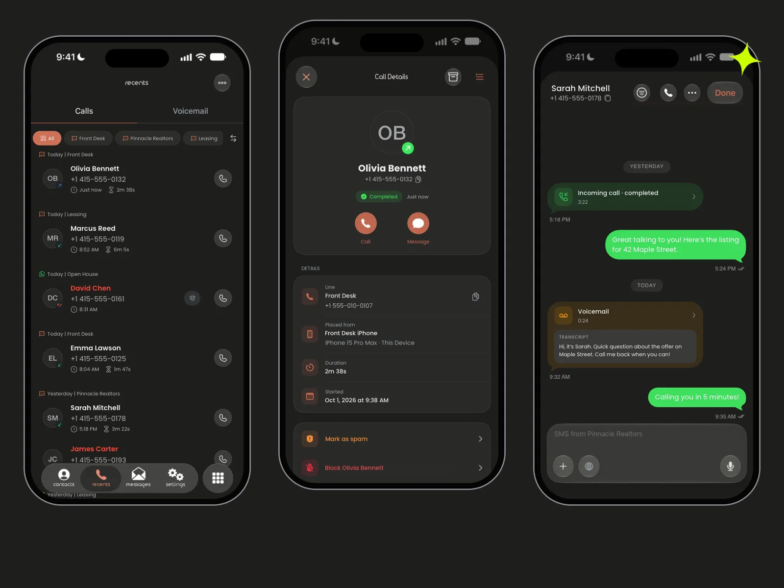 Three iPhones showing a call list with line tabs, call details, and a conversation thread
