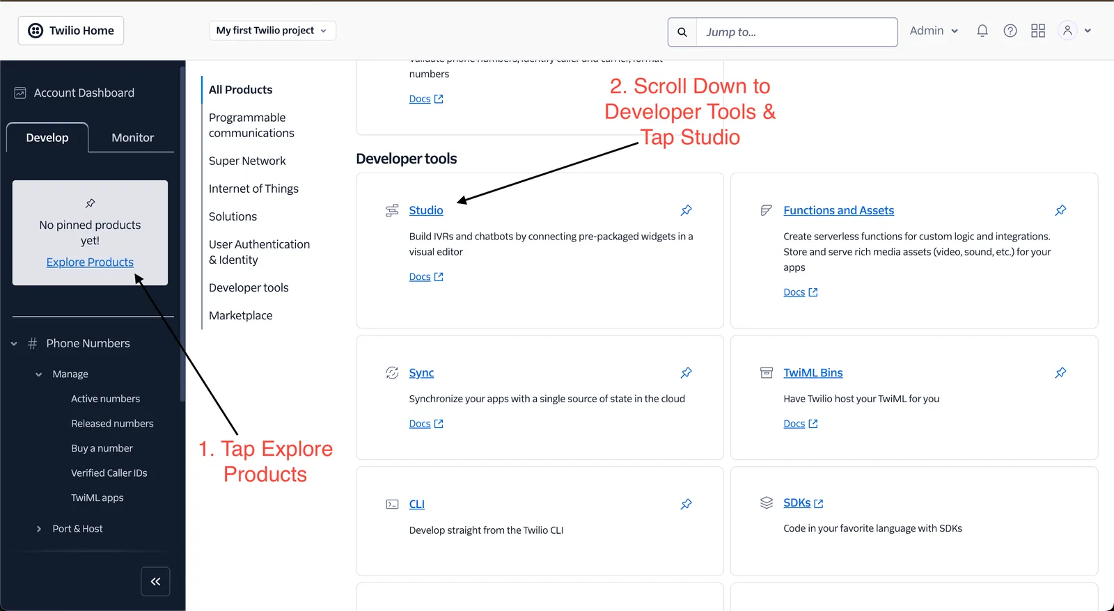 Twilio Console showing Explore Products with Developer Tools section and Studio highlighted