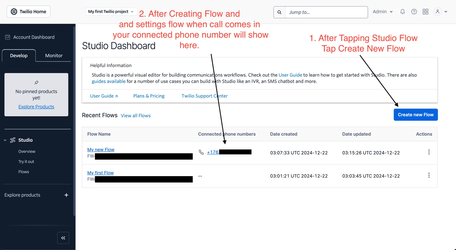 Twilio Studio dashboard showing the Create New Flow button and recent flows list