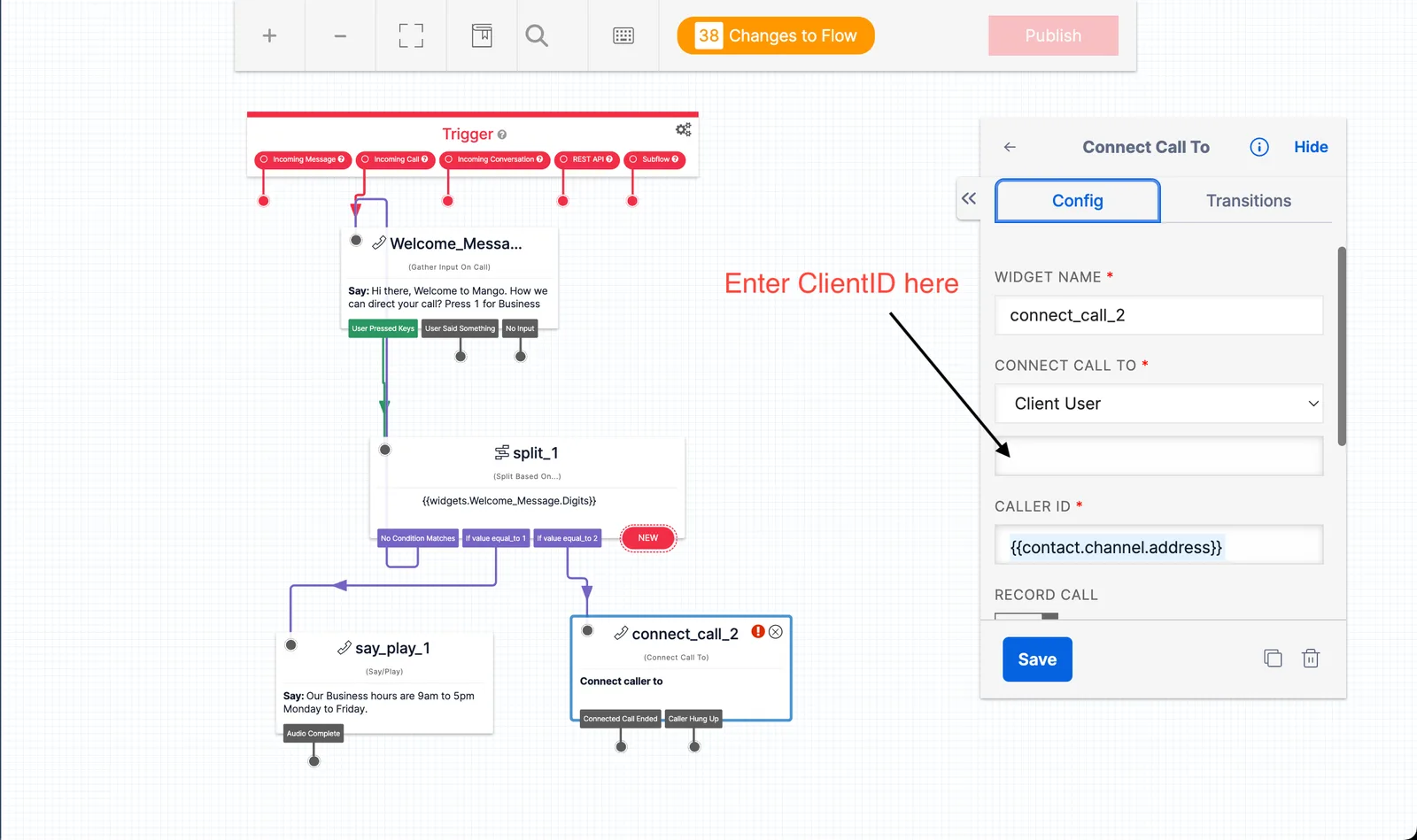 Twilio Studio flow showing the Connect Call To widget configured with Client User and Mango Client ID