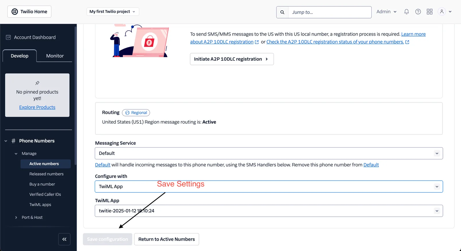 Twilio Console showing TwiML App configuration for messaging service