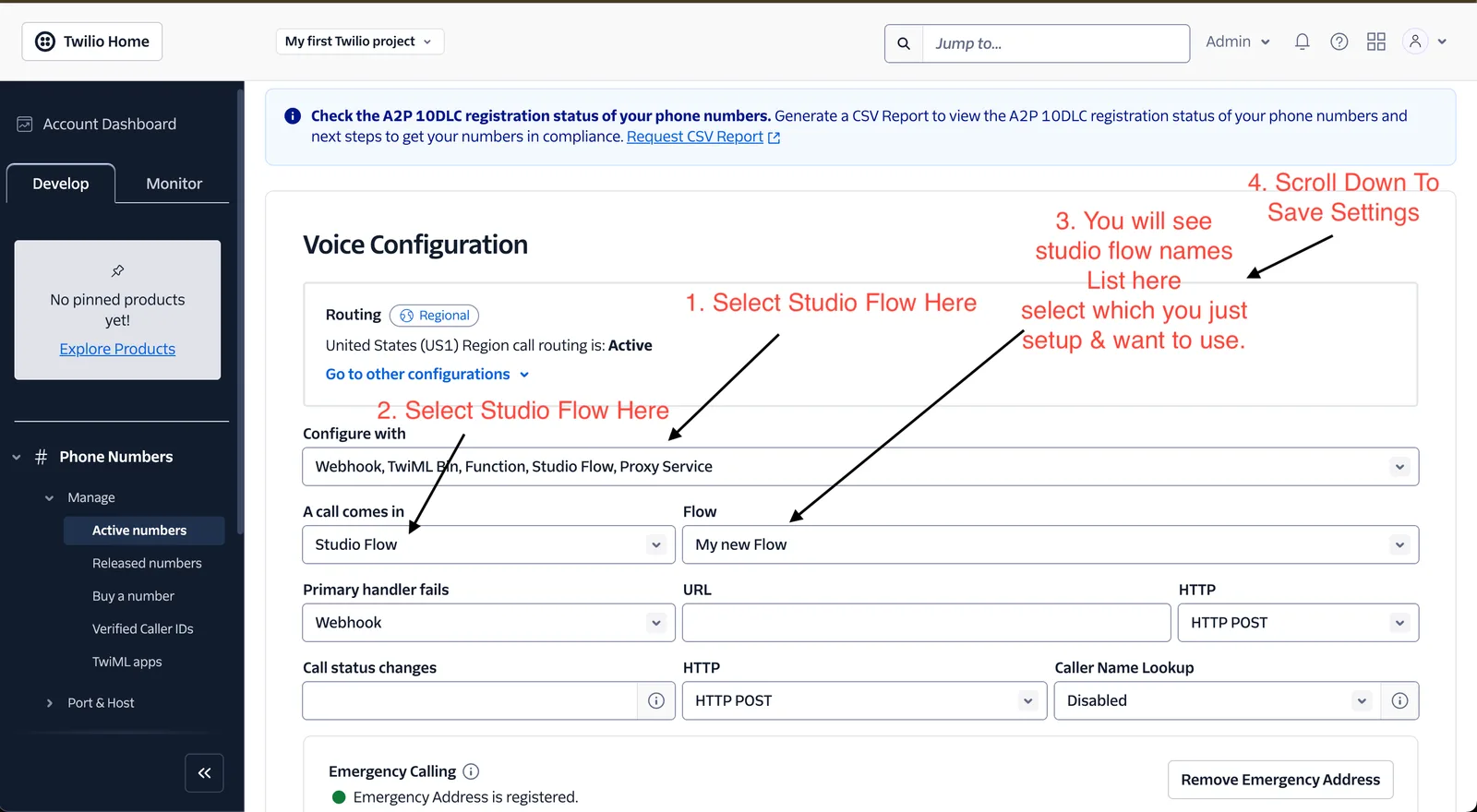 Twilio Console Voice Configuration showing Studio Flow selected with the IVR flow assigned