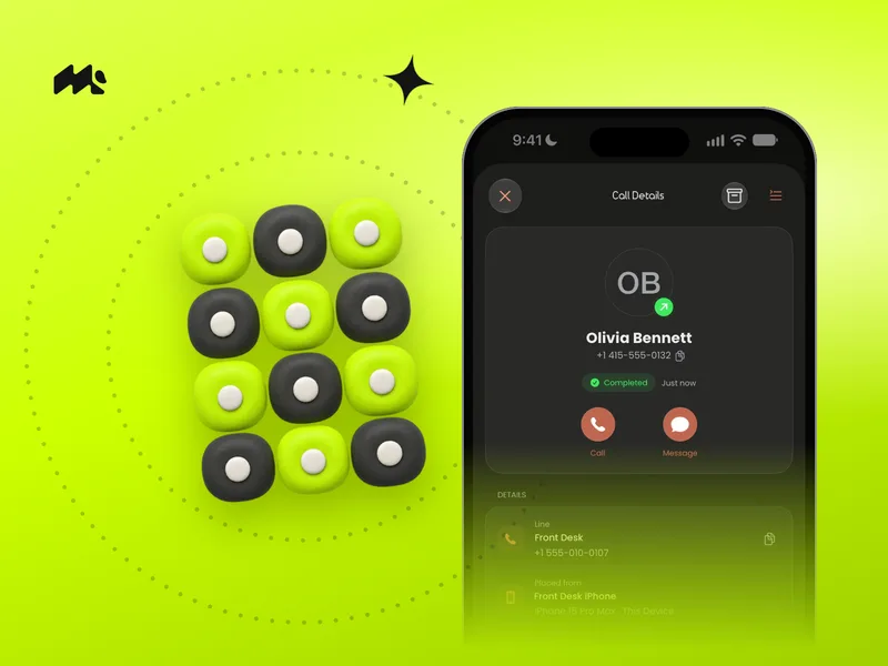 Clay phone dial pad beside an iPhone showing Mango call details on a lime green background