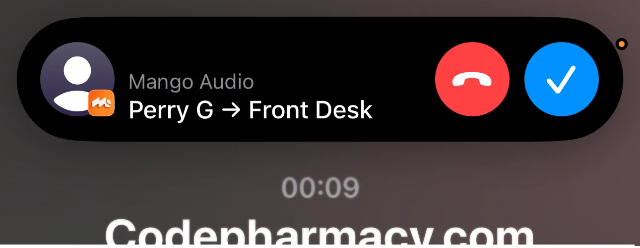 Mango incoming call screen showing Perry G routed to Front Desk as the receiving number example