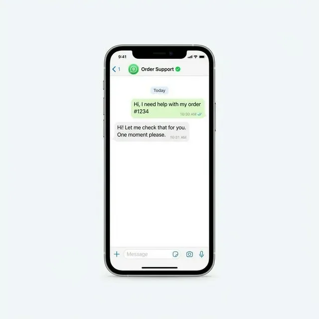 WhatsApp conversation showing a customer asking for help with order #1234 and receiving an instant reply