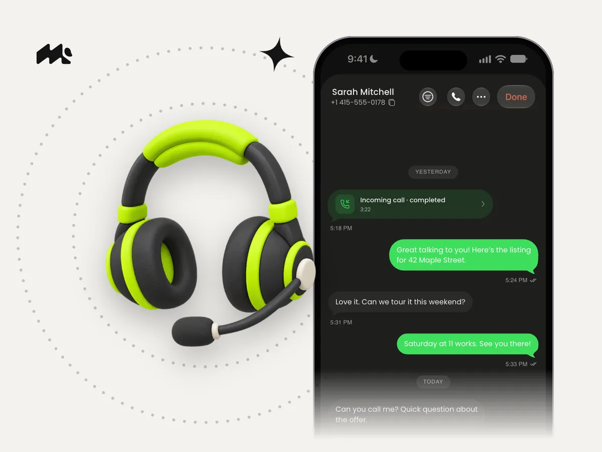 Clay customer support headset beside an iPhone showing a Mango conversation thread on light gray