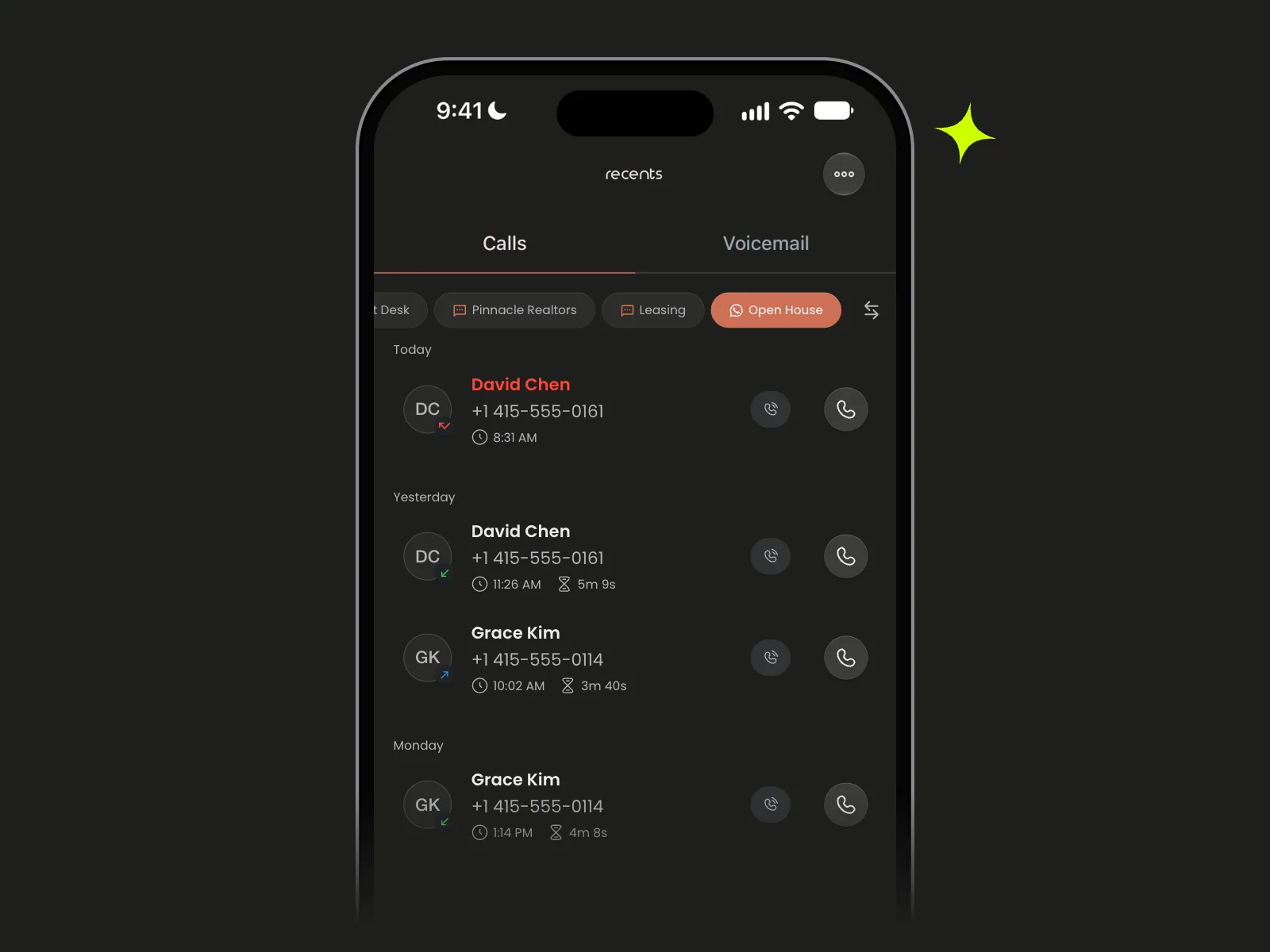 iPhone showing the Mango call list filtered to a WhatsApp business line named Open House