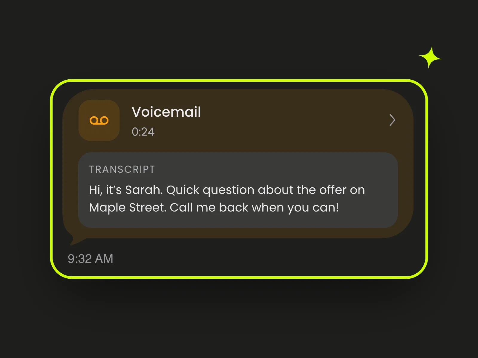 Close-up of a voicemail bubble in a Mango thread showing "Voicemail 0:24" with a Transcript box containing the caller's message, received at 9:32 AM