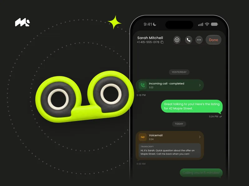 Clay voicemail tape icon beside an iPhone showing a Mango voicemail transcript on dark charcoal background