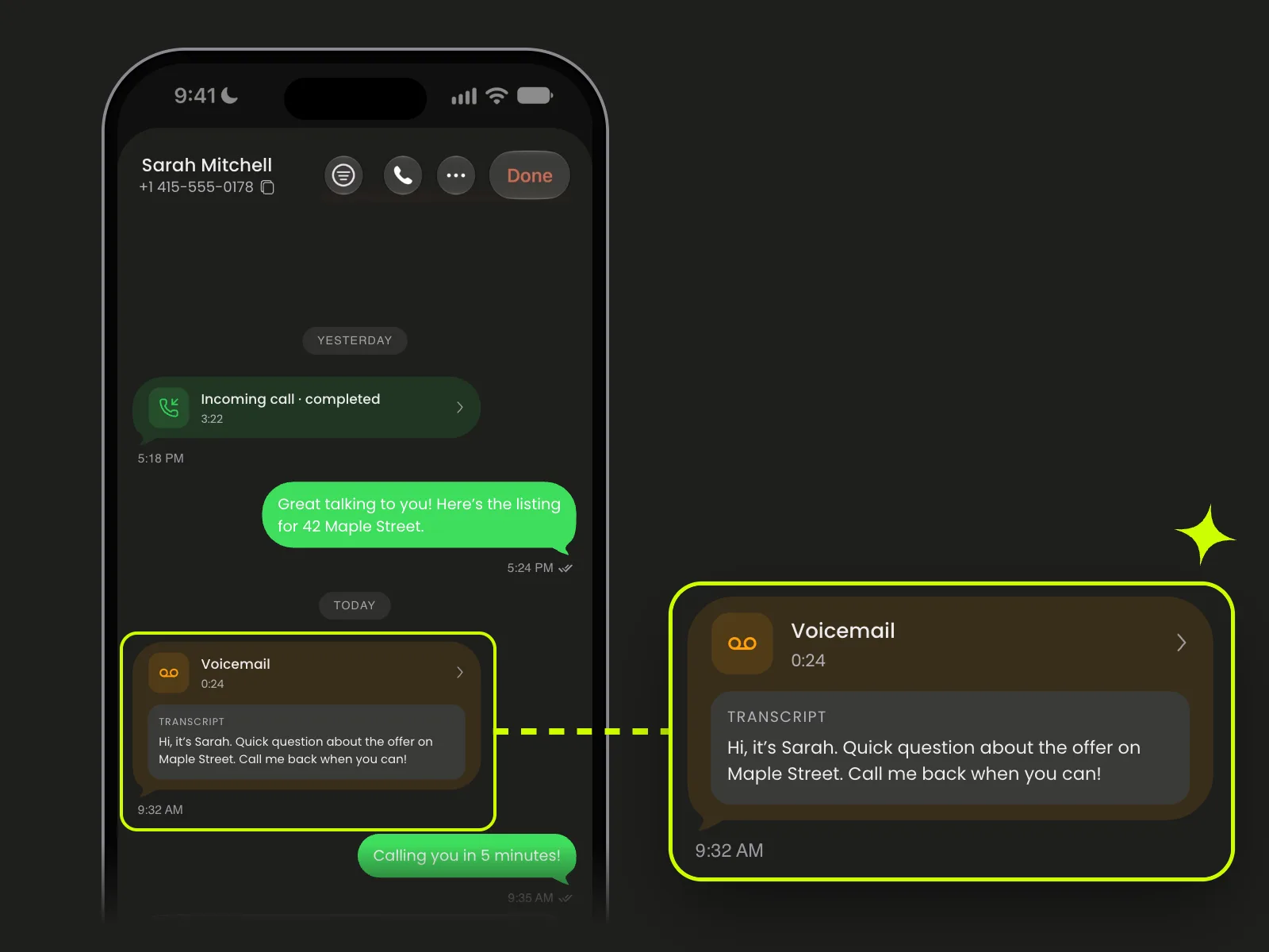 An iPhone showing Sarah Mitchell's conversation thread in Mango: an incoming call, a text, then a voicemail with its written transcript, with the voicemail bubble enlarged beside the phone