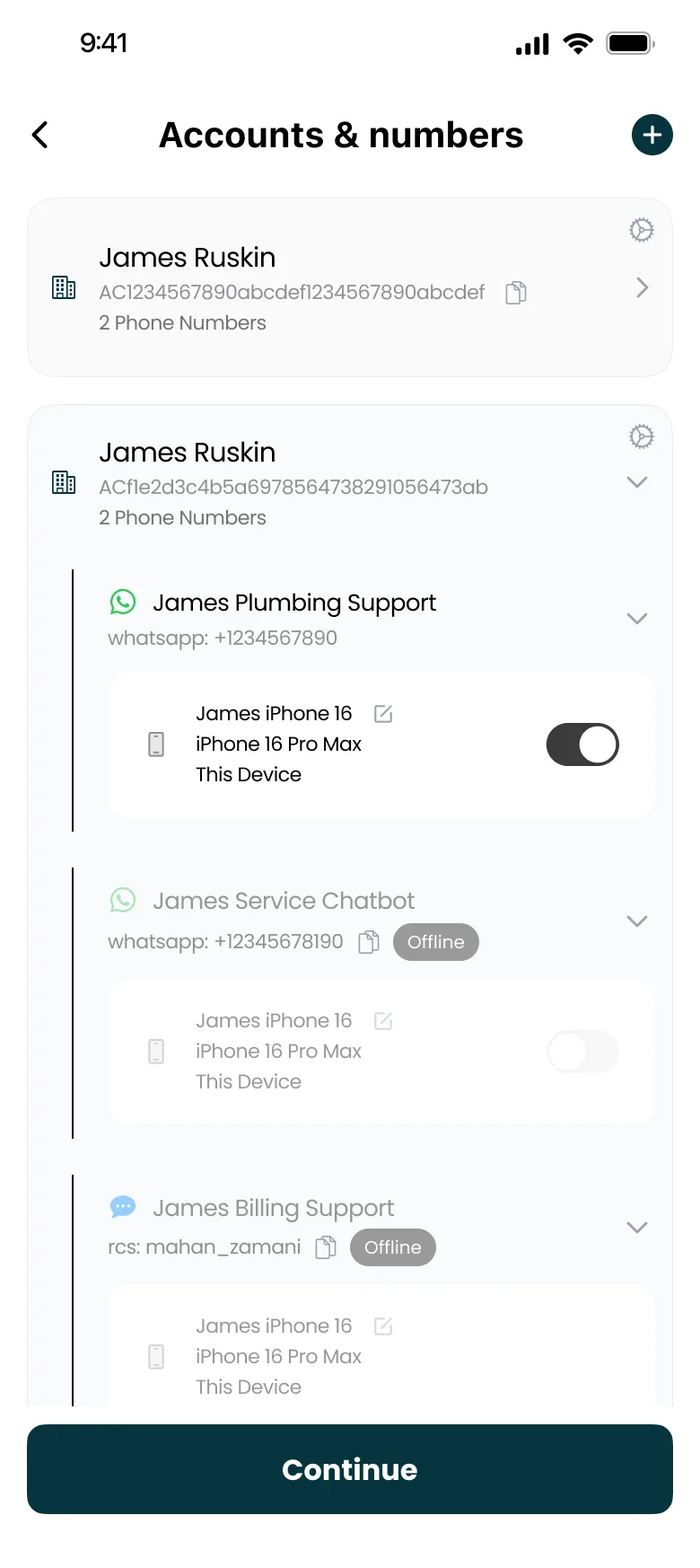 Mango accounts screen displaying multiple Twilio accounts and their associated phone numbers