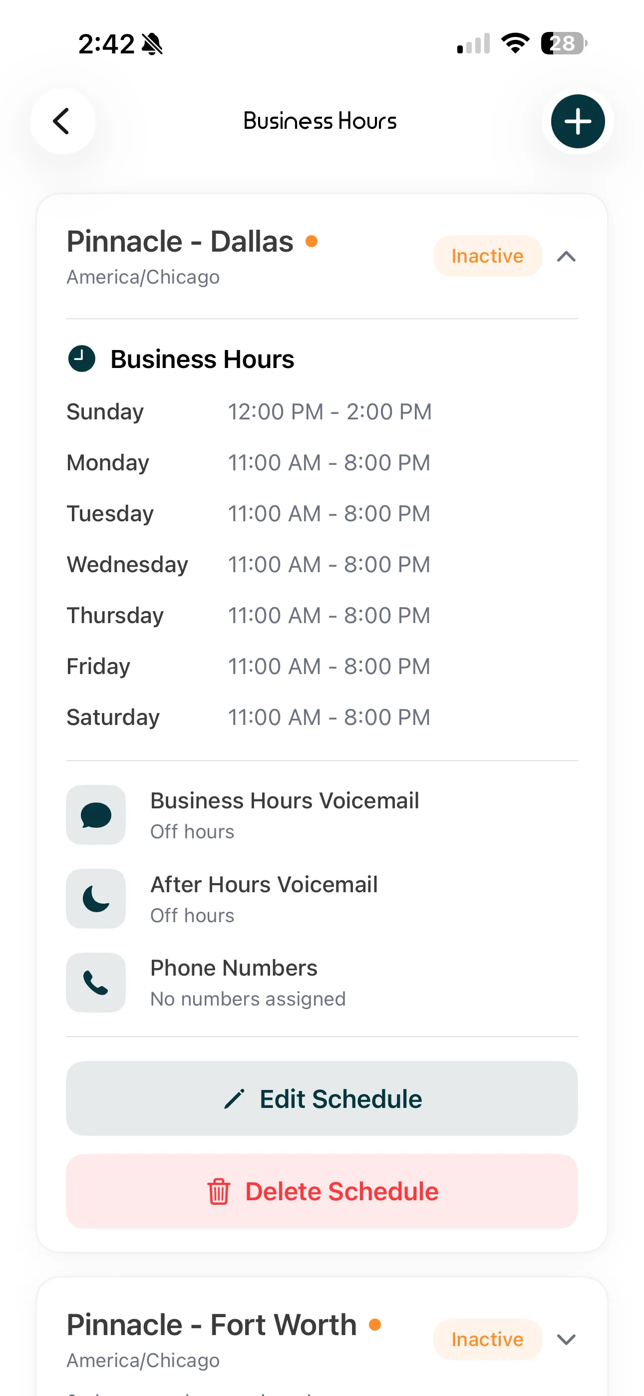 Mango business hours setup screen showing weekly schedule configuration with working hours and off hours settings