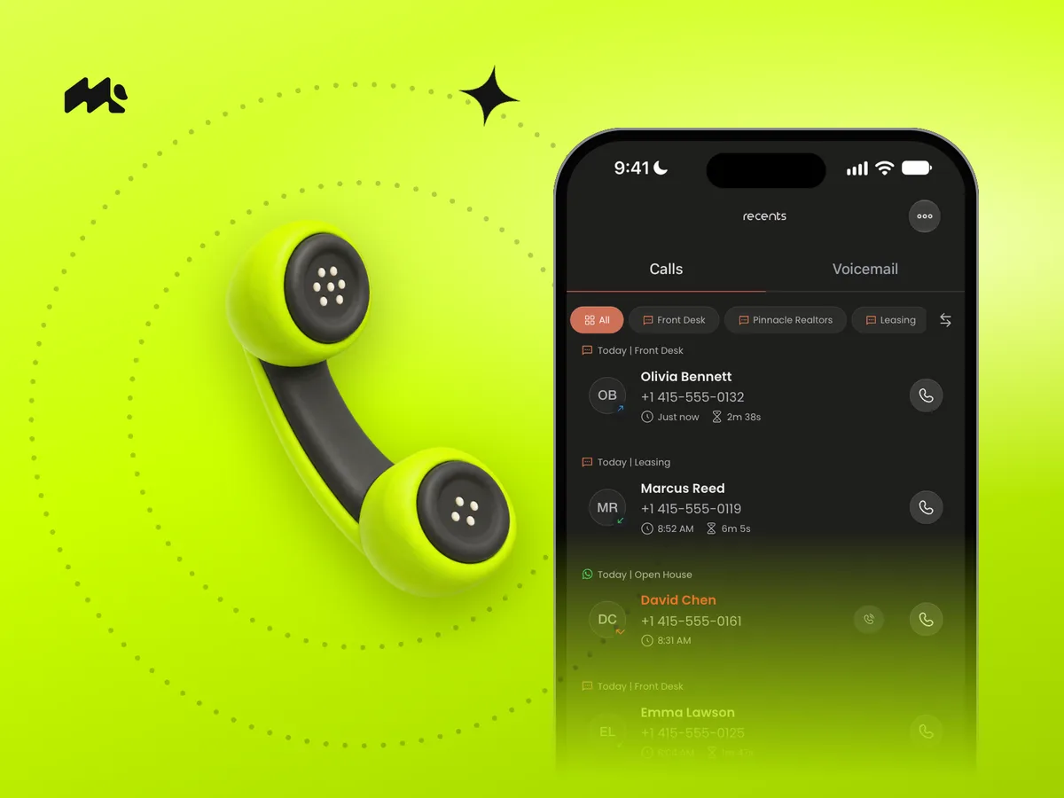 Tilted clay telephone handset beside an iPhone showing Mango's call list on lime green