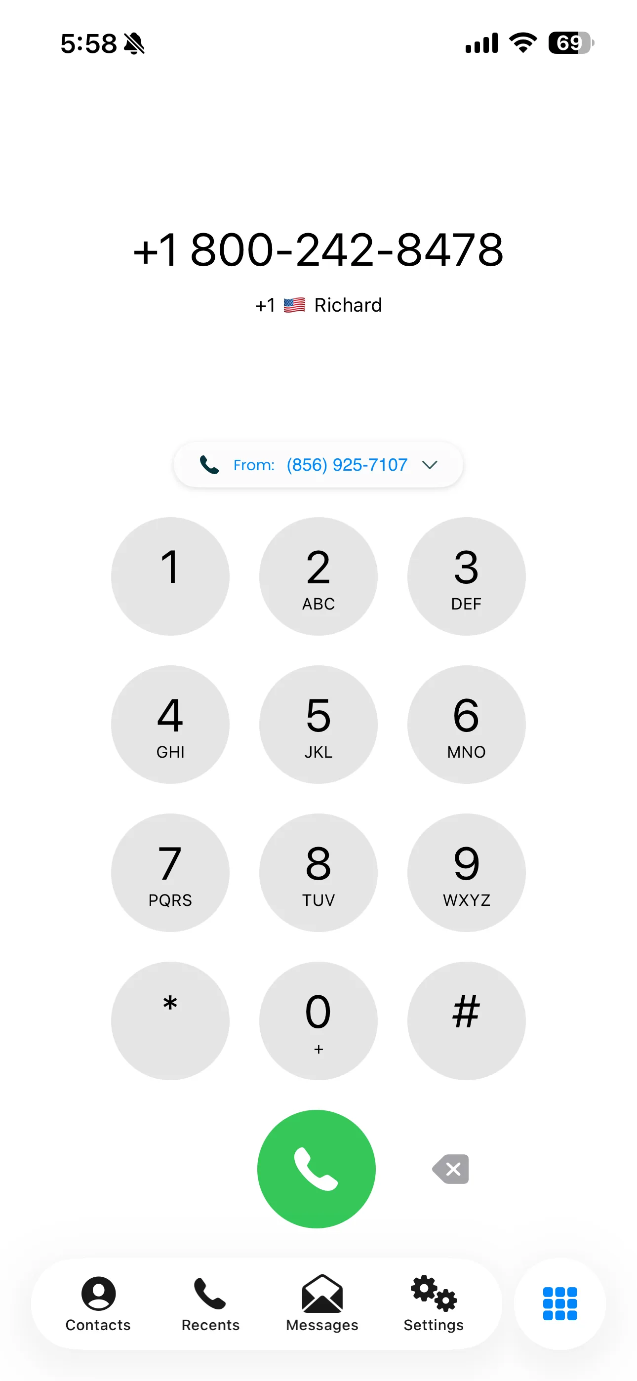 Mango dial pad screen for making outbound calls with number input and call button