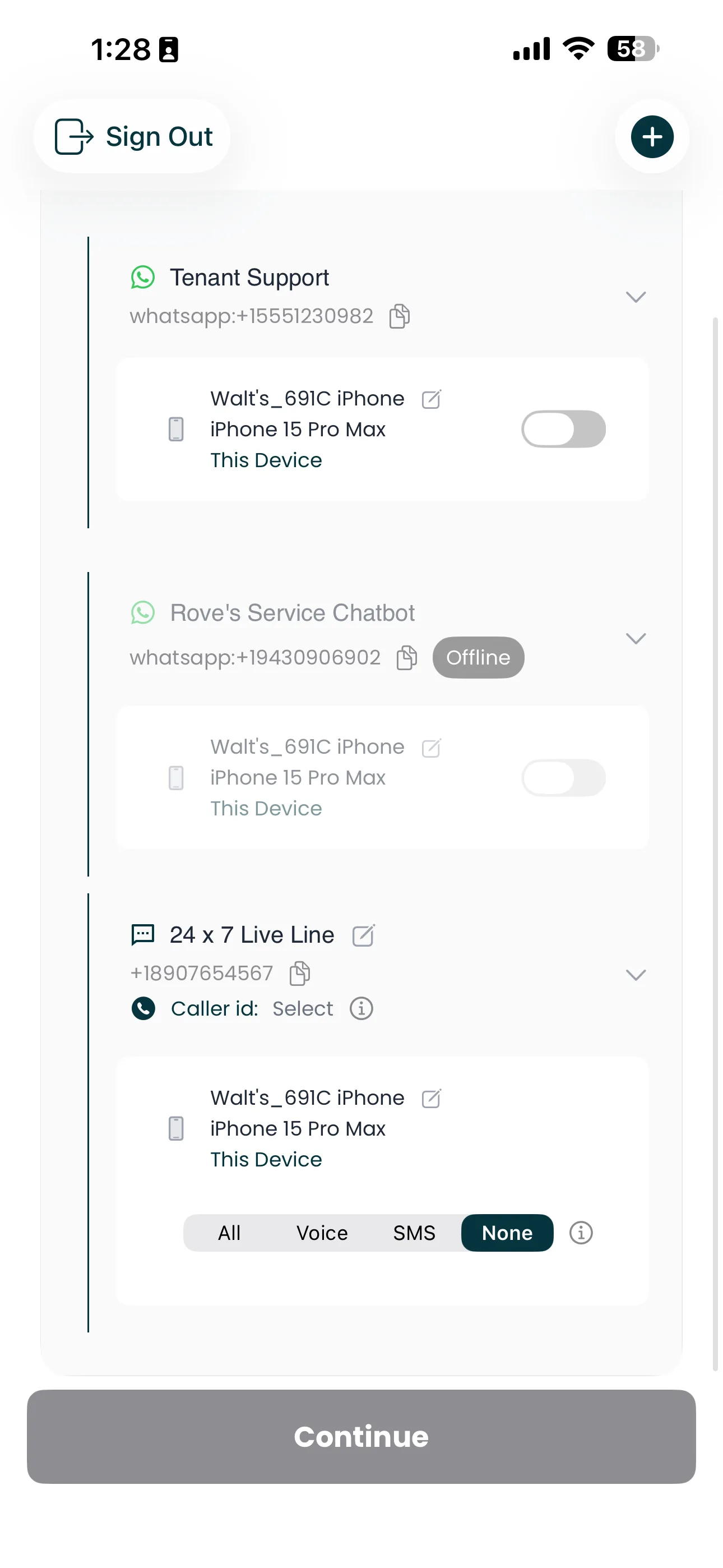 Mango phone number list showing service toggle options for All, Voice, SMS, and None
