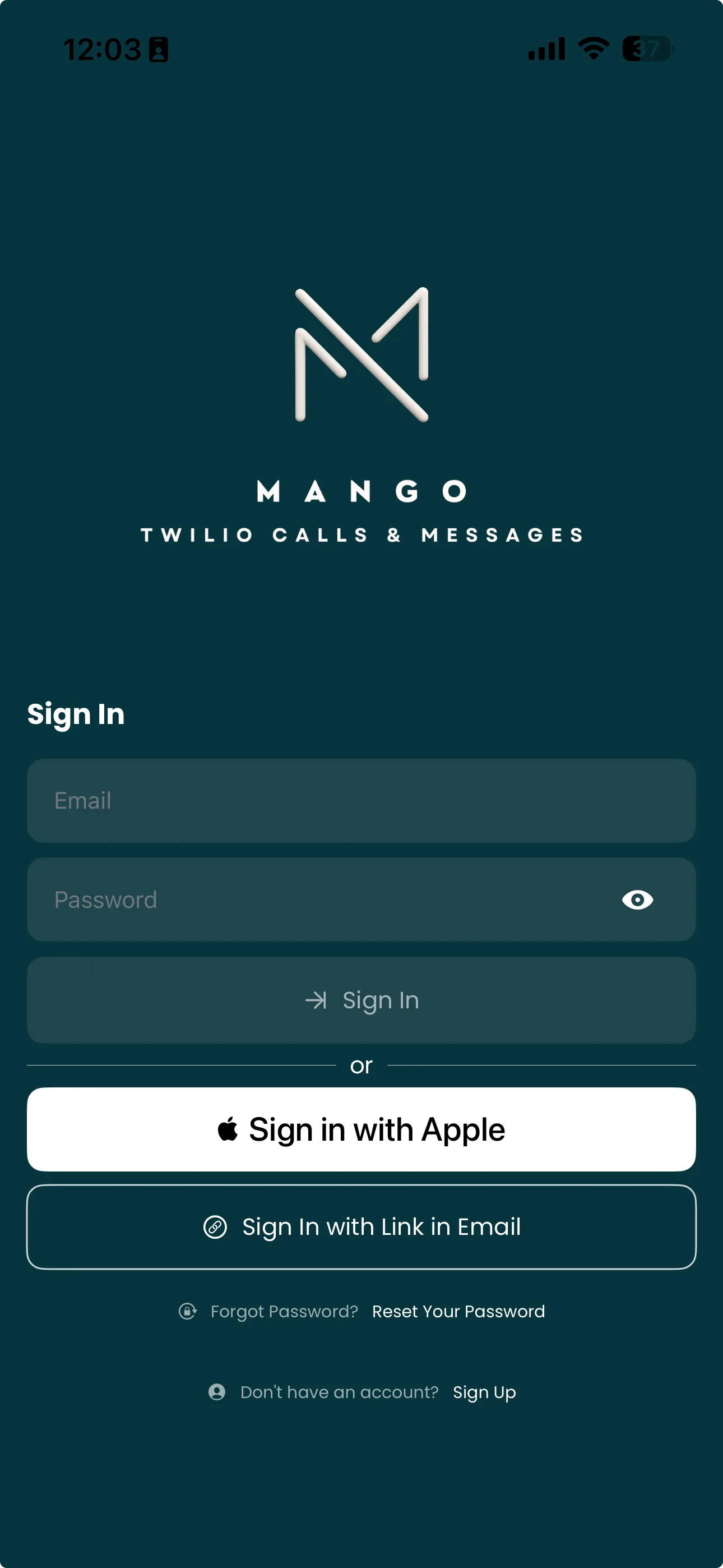 Mango sign in screen with options to create an account or log in to existing account