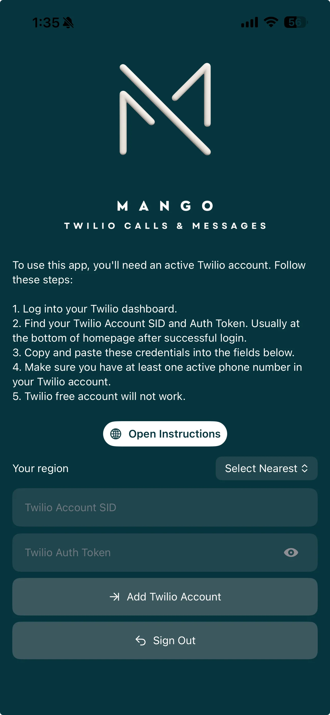Mango screen showing input fields for Twilio Account SID, Auth Token, and region selection