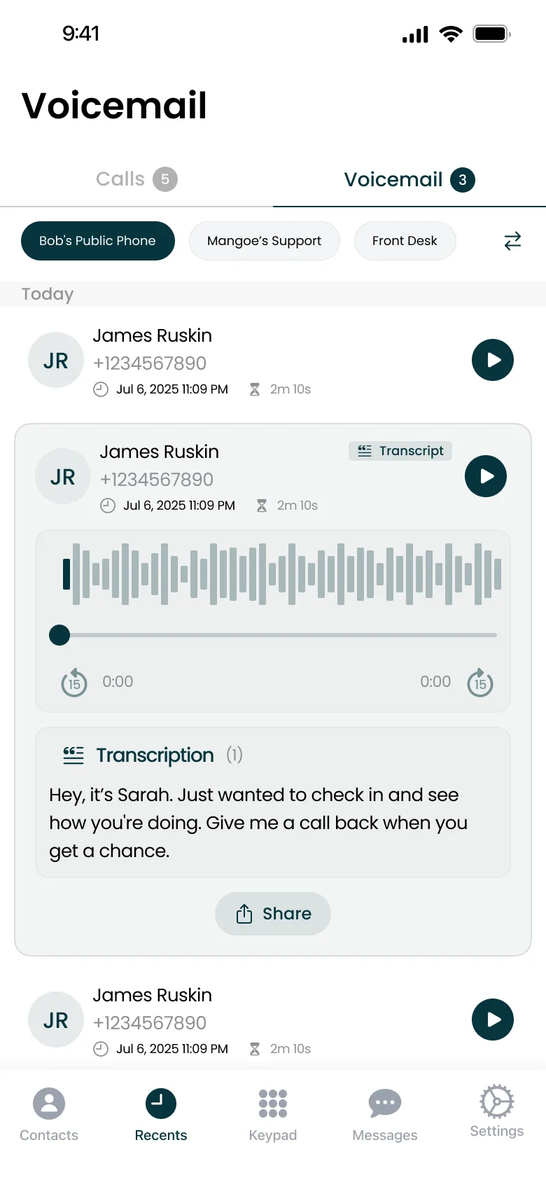 Mango voicemail settings screen showing custom greeting options and voicemail configurations