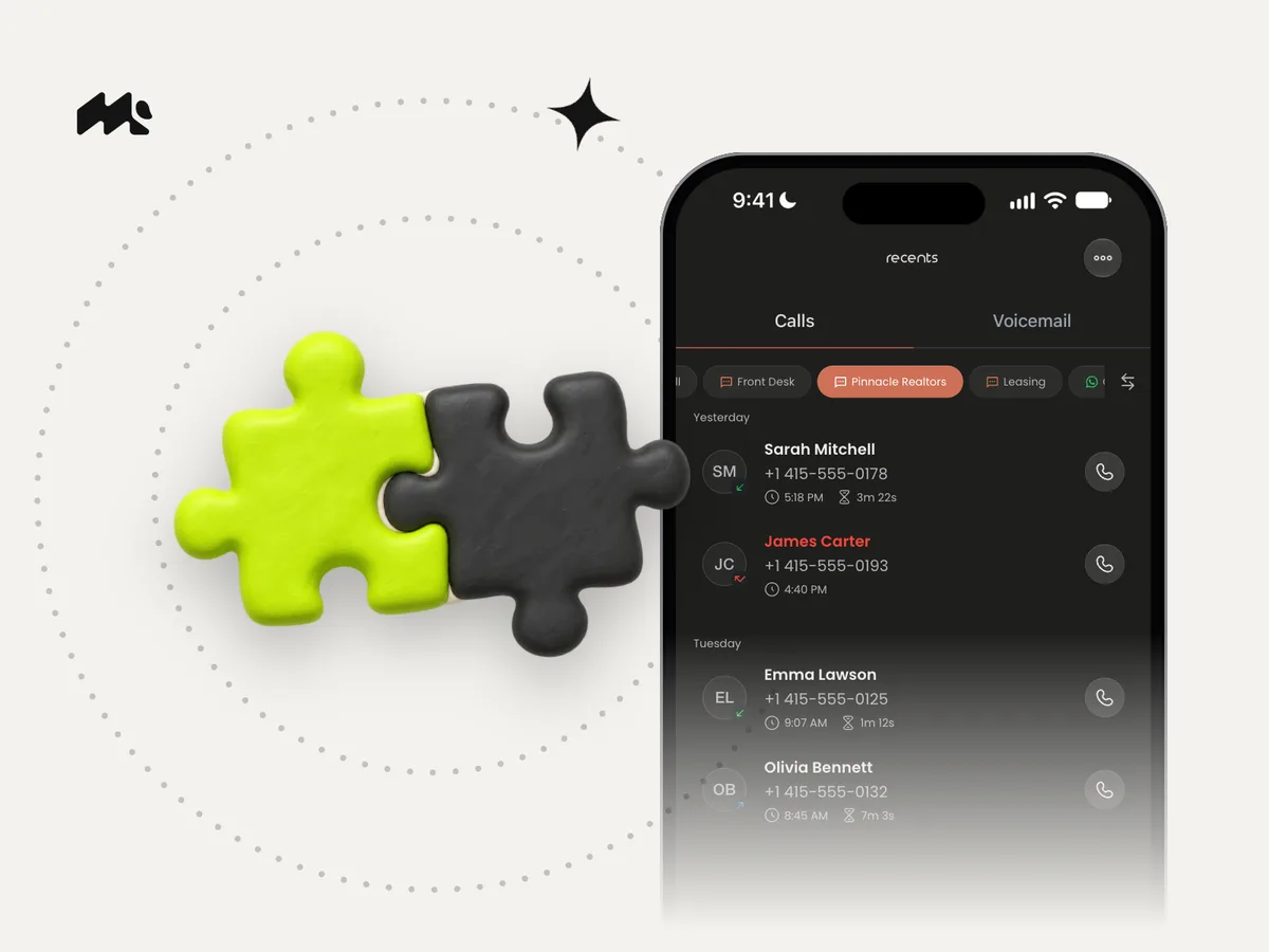 Two interlocking clay puzzle pieces beside an iPhone showing Mango's filtered call list on light gray