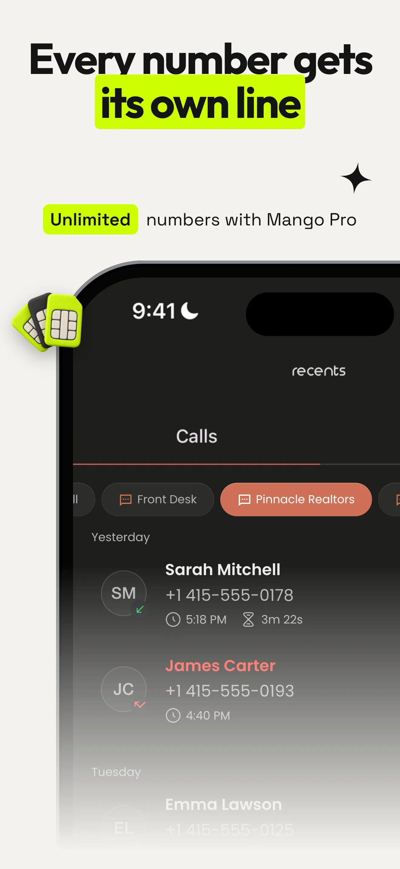 Mango App Store screenshot: every number gets its own line