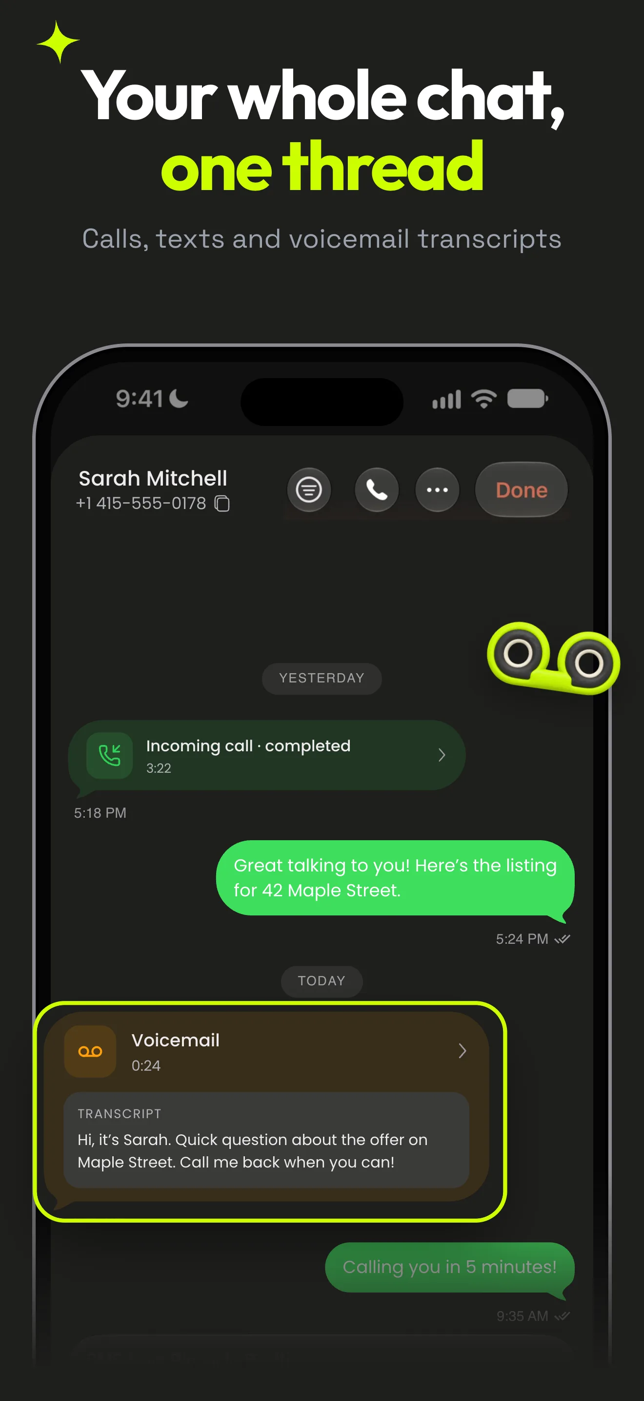 Mango App Store screenshot: calls, texts and voicemail transcripts in one thread