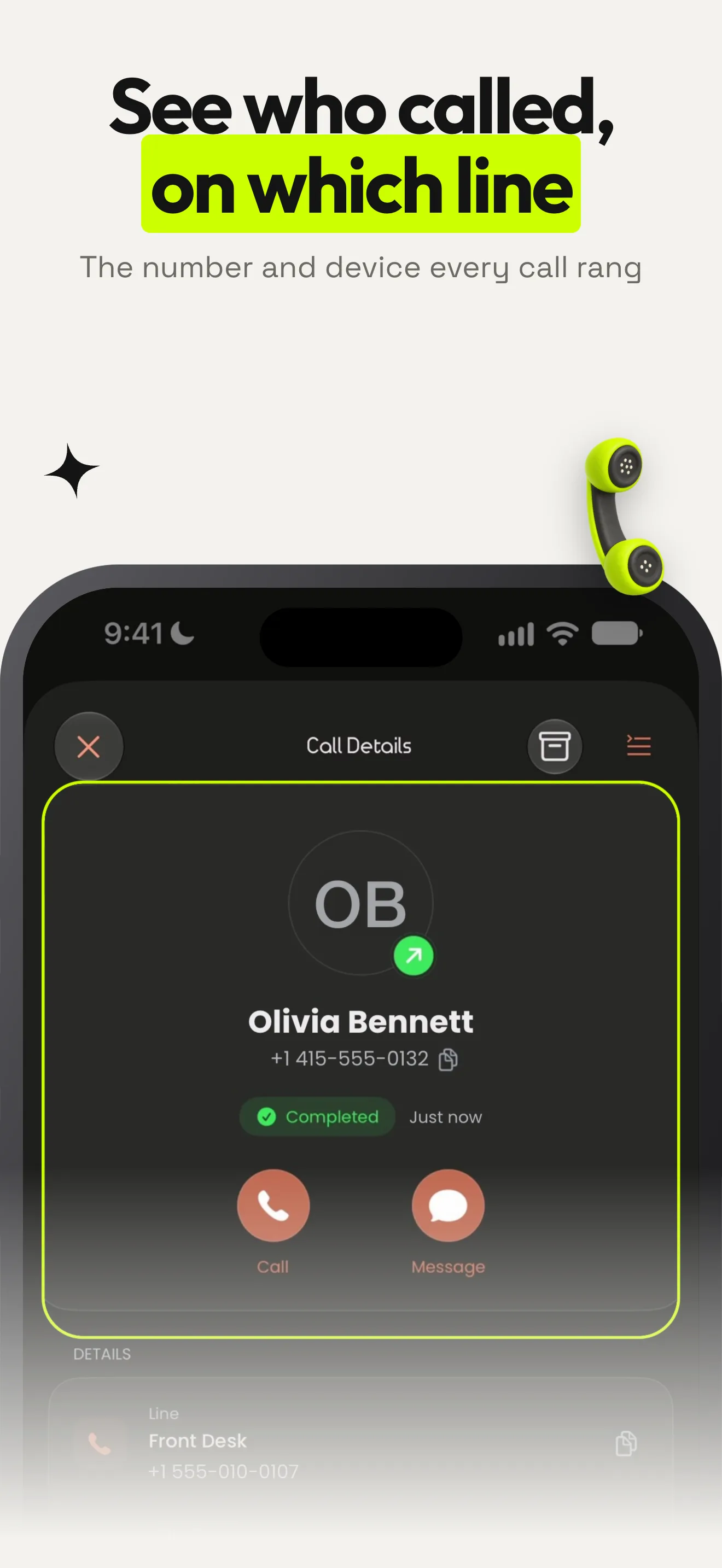 Mango App Store screenshot: see who called and on which line